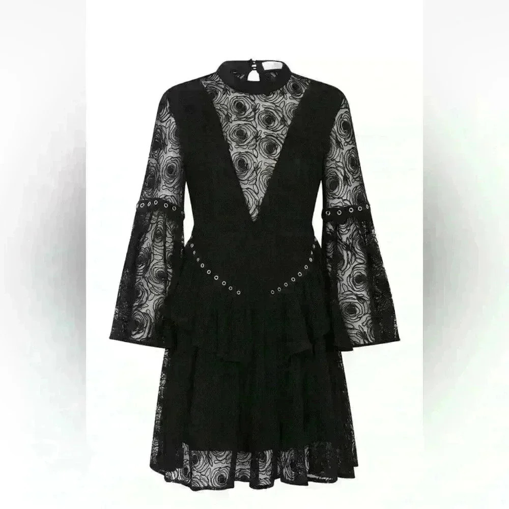 SASS & BIDE Layered Floral Lace Dress ROSE STORY Black Bell Sleeves SZ XXS